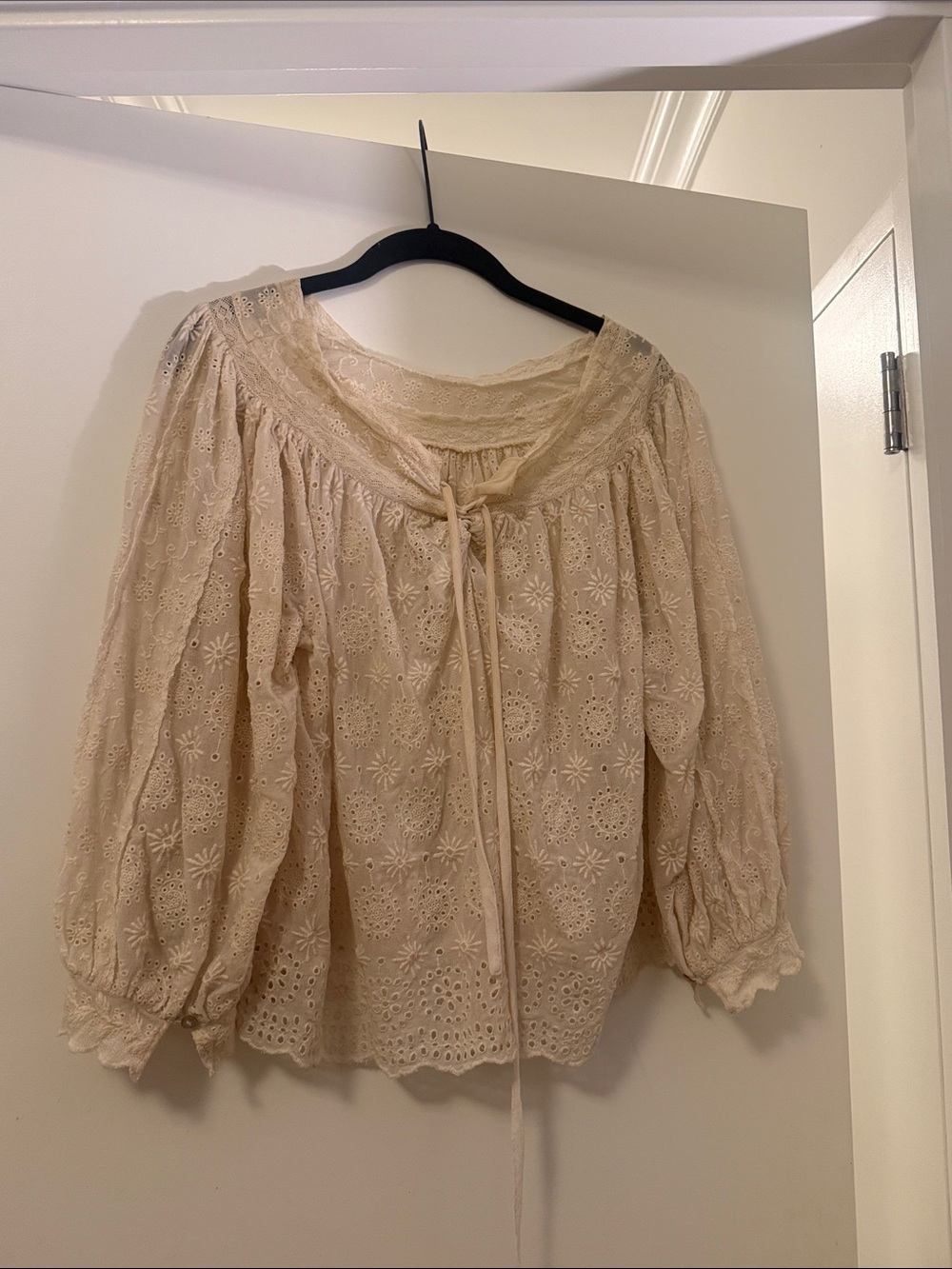 Love Shack Fancy Cream Eyelet Peasant Blouse - Boho Tie-Neck Top